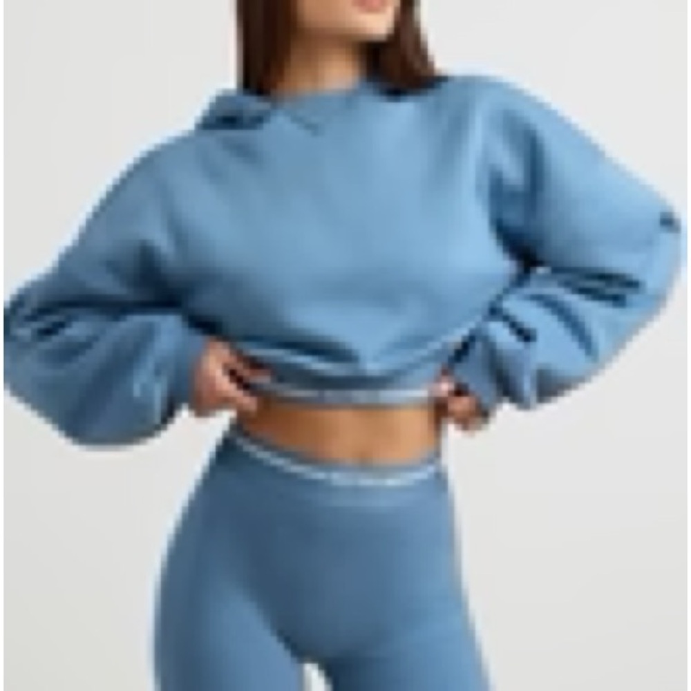 BOO TEE Stretch Cotton Fleece Cropped Hoodie in Steel Blue - Picture 3 of 11